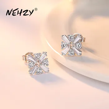 Серьги-гвоздики из серебра 925 пробы NEHZY, высококачественные женские модные украшения, простые квадратные серьги с кристаллами-вспышками и цирконием