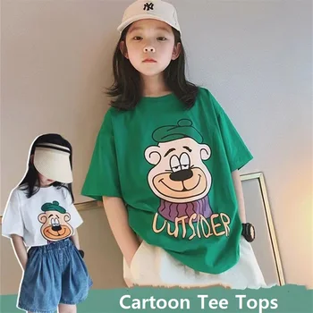 Летние повседневные хлопковые футболки с рисунком алфавита для школьников, футболки с короткими рукавами для маленьких девочек, верхняя одежда базового слоя для детей от 1 до 16 лет