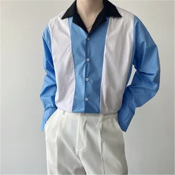 Мужские рубашки контрастного цвета, Оригинальная Дизайнерская лоскутная блузка с длинным рукавом, Корейская уличная одежда, рубашки для светской жизни, Мужская одежда Весна