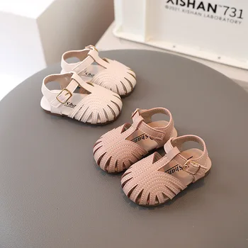 Трикотажные однотонные открытые сандалии для девочек на нескользящей мягкой подошве; Летняя детская обувь;