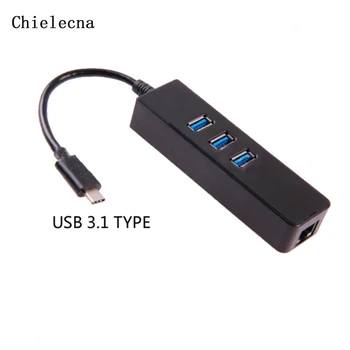 Chielecna 3-портовый концентратор USB 3.0 Type C Концентратор к адаптеру Gigabit Ethernet LAN Высокоскоростная передача данных Проводная сетевая карта для Macbook