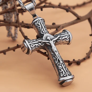 Винтажный мужской кулон с крестом, ожерелье с христианским Иисусом из нержавеющей стали, подвеска, Ювелирная цепочка в стиле панк-байкер, подарок Оптом