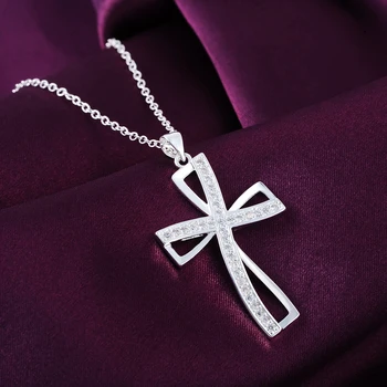 Акции серебряное ожерелье 925 пробы, шарм для женщин, цепочка с подвеской в виде креста из кирстали, ювелирные изделия, модная милая свадебная вечеринка