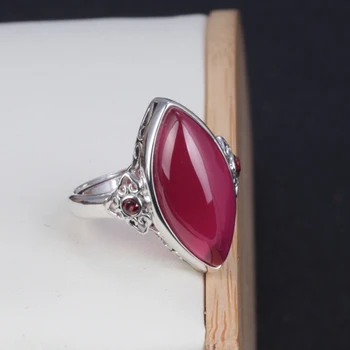 S925 серебряные инкрустированные натуральным красным халцедоном кольца в форме Маркизы для женщин в ретро этническом стиле Свадебные Украшения регулируемые
