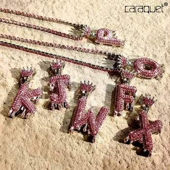 Хип-хоп Рок Розовая Корона из горного хрусталя A-Z, начальные ожерелья с подвесками для женщин, массивная теннисная цепочка из 26 букв, колье-чокер, ювелирные изделия