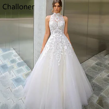 Кружевные свадебные платья Challoner с высоким воротом, женские аппликации без рукавов Bobo, Дизайн с иллюзионными пуговицами, Свадебные платья Vestido De Noiva