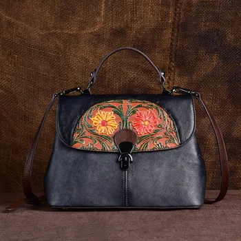 Женская сумка-тоут через плечо, сумка из натуральной кожи с тиснением в китайском стиле, ретро-воловья кожа, женская сумка-мессенджер с верхней ручкой