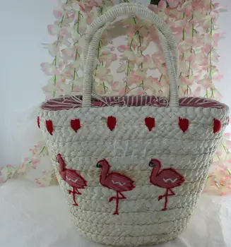 Новая женская сумка с вышивкой фламинго, большая соломенная сумка через плечо, модная женская сумка-тоут