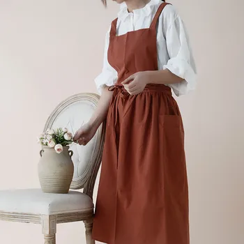 Простой в скандинавском стиле Водонепроницаемый хлопковый фартук для женщины с карманами и длинными завязками для кухни, приготовления пищи, гончарной мастерской в саду, кофейни