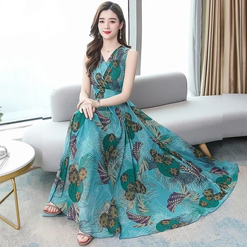 Шифоновое платье трапециевидной формы с цветочным принтом, Весенне-летнее Модное платье 2023, Элегантное платье без рукавов с V-образным вырезом, Корейское длинное платье для женщин