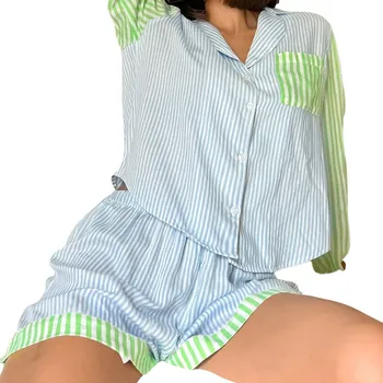 Женские пижамные комплекты, осенняя одежда, воротник с лацканами, рубашка в полоску контрастного цвета с длинным рукавом, эластичная короткая пижама