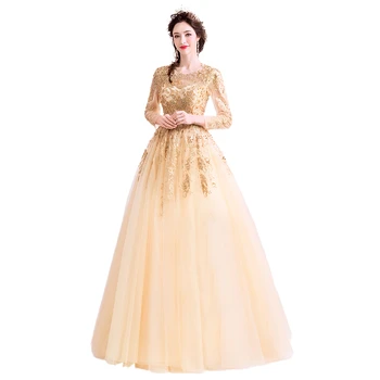 Яркие золотистые платья для выпускного вечера с длинным рукавом Трапециевидной формы Элегантные вечерние платья для женщин Vestidos De Gala