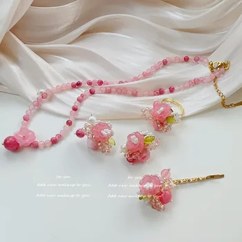 Милые серьги-гвоздики с бисером персикового цвета, набор украшений для романтической девушки, ожерелье, кольцо