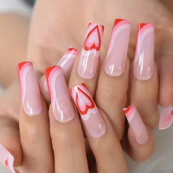 Ногти XXL розовые квадратные длинные накладные ногти с рисунком сердца, любовный рисунок, накладные кончики ногтей с дизайнерским рисунком на ногтях 