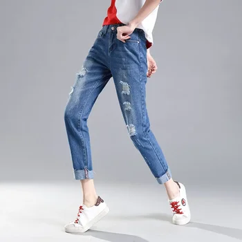 отверстие на талии 2023, Новые женские свободные брюки Haren, женские модные рваные джинсы, джинсовые джинсы для студенток Дешево оптом