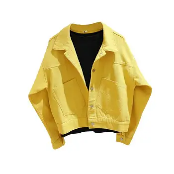 Весенне-осенняя женская джинсовая куртка, короткое пальто, модная приталенная желтая джинсовая куртка, повседневный топ, фиолетово-белое свободное пальто