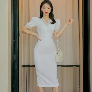 Элегантное облегающее женское платье-карандаш с V-образным вырезом, кружевное лоскутное платье с тонкой талией, женские платья-футляры, летние
