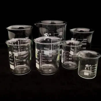 Лабораторный стакан низкой формы объемом от 50 до 2000 мл, Химический Лабораторный Стеклянный Прозрачный стакан, колба с утолщенным носиком