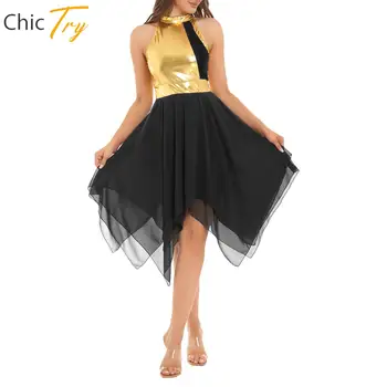 Женское Лирическое танцевальное платье с асимметричным подолом, платье-пачка для балетных танцев, трико без рукавов, современный танцевальный костюм