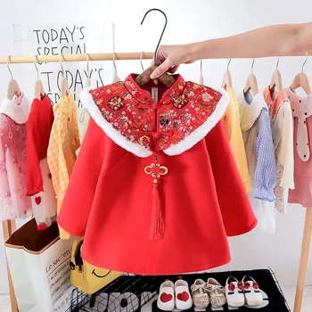 Зимнее детское платье Hanfu для девочек, красное платье в китайском стиле Тан, детская новогодняя одежда, плюшевая утолщенная теплая благоприятная одежда