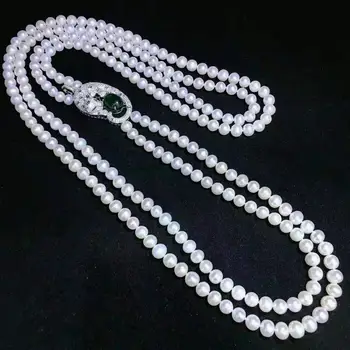 Горячая распродажа, новые 2 нити 7-8 мм, ожерелье из натурального белого пресноводного жемчуга, аксессуары из циркона, модные украшения