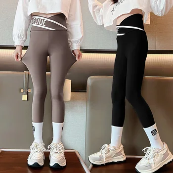 Обтягивающие Длинные брюки Для девочек от 3 до 14 лет, Блестящие Черные, Белые Детские Штаны Для йоги, Леггинсы, Детские Эластичные брюки, Универсальные Леггинсы