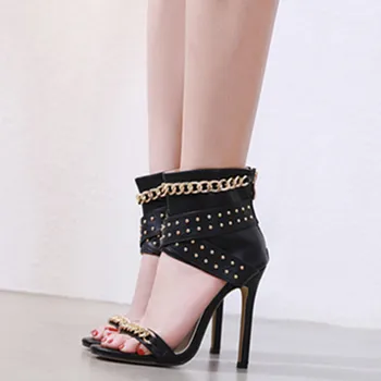 модные женские босоножки Летние Гладиаторские туфли на тонком высоком каблуке, Кожаные туфли с открытым носком и ремешком с пряжкой на лодыжке, Женские вечерние туфли Sandalia Mujer