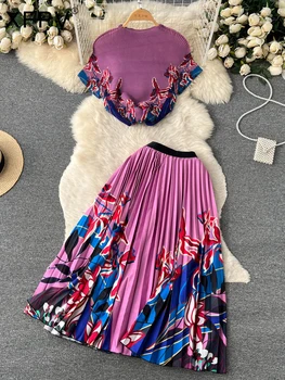 XFPV Женский Свободный топ с коротким рукавом и цветочным принтом + плиссированная юбка с высокой талией Y2k Sweet Korea Tide Весна-лето 2023