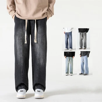 Новые негабаритные мужские джинсы, мешковатые Прямые брюки с эластичной резинкой на талии, Выстиранные Винтажные брюки корейской моды, мужские джинсовые брюки