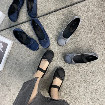 2023 Модные Весенне-осенние туфли Мэри Джейн на плоской подошве; Женская обувь с круглым носком и бантом; Шелковые Атласные балетки на плоской подошве ; Женская обувь