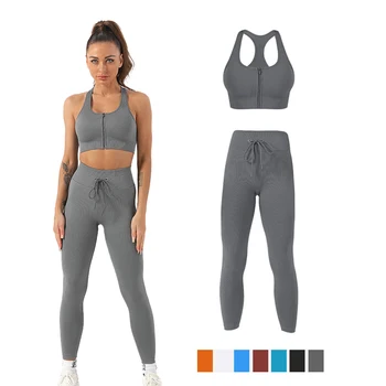 Женская одежда для йоги, тренировочный комплект из 2 предметов, рубчатая бесшовная укороченная майка, леггинсы для спортзала с высокой талией, спортивный бюстгальтер, костюм для фитнеса, женская спортивная одежда