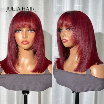 Julia Hair Волчья стрижка Бордовый парик Боб С челкой Предварительно выщипанная линия роста волос 13x4 Кружевной Фронтальный парик из человеческих волос с волосами Младенца Для женщин