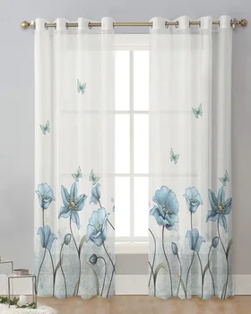 Занавеска с синими цветами и бабочками, тюлевые занавески для гостиной, обработка кухонных окон, вуалевые занавески