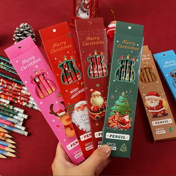 6 шт./лот, Рождественские карандаши в коробке, набор для рисования, набор деревянных ручек HB с резиновыми канцелярскими принадлежностями