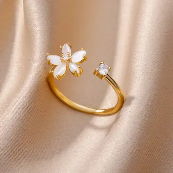 Кольца с цветами из опала Для женщин, кубический цирконий, Открывающееся кольцо с цветами из нержавеющей стали, свадебные цветочные эстетические украшения anillos mujer