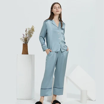 19 мм комплект пижам из тяжелого шелка, женская мода, 100% шелковая тонкая пижама, костюм для домашнего обслуживания, женские брюки с длинным рукавом, комплект V