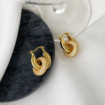 Minar, Новые модные блестящие серьги-кольца с двойным кольцом из цельного циркония, 14 карат, массивная серьга из настоящей позолоченной латуни для женщин