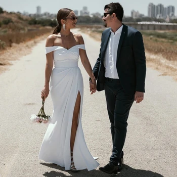 Простое свадебное платье из крепа с коротким рукавом, сексуальное Свадебное платье с разрезом спереди, Русалка, Современное Vestido De Noiva