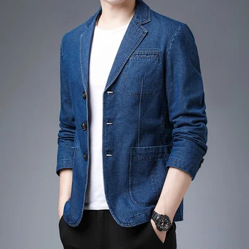 Новая мужская мода, все для отдыха в британском стиле, приталенная Корейская версия трендового однотонного джинсового удобного блейзера