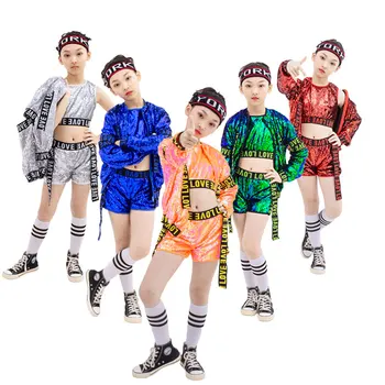 3 шт. Детская одежда в стиле хип-хоп, разноцветная для девочек, костюмы для джазовых танцев, одежда для бальных танцев для девочек, детский джазовый сценический костюм