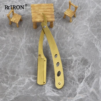Ручная бритва RIRON Golden из нержавеющей стали с прямым лезвием, Парикмахерский острый Складной держатель для бритвы для мужчин