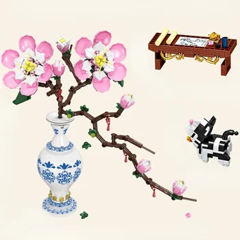 Креативная игрушка для сборки для детей, 3D модель, строительный блок, кирпичи, цветок персика, бело-голубая фарфоровая ваза в китайском стиле