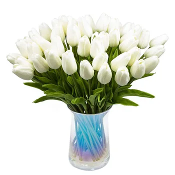 30шт Искусственные Тюльпаны Цветы Настоящие Тюльпаны на ощупь Букет из искусственной Кожи Латексный цветок Белый (White)