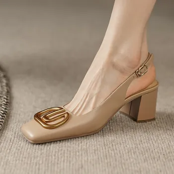 2023 Летние новые женские туфли-лодочки из коровьей кожи на толстом высоком каблуке с квадратным носком, без застежки, элегантные женские босоножки с металлической пряжкой, обувь