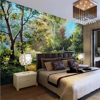обои на заказ из папье-маше 3d фотообои огромная ручная роспись пейзаж маслом фон стены деревья лес 3d обои