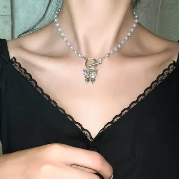 Винтажное ожерелье с подвеской-бабочкой из Циркона, Цепочка из жемчужных бусин, блестящие женские модные украшения 2023 года, колье-чокер, свадебные украшения
