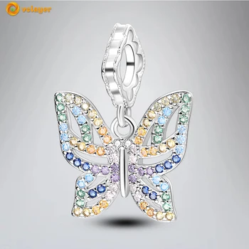 Volayer Бусины из стерлингового серебра 925 Пробы, разноцветные циркониевые подвески-бабочки, подходят для оригинальных браслетов Pandora для женщин, ювелирных изделий DIY