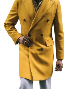 Новое поступление, Однотонные Красивые Мужские костюмы, Приталенный крой, Модное Длинное мужское пальто на заказ, Желтая деловая куртка в елочку
