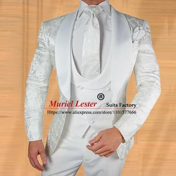 Элегантные белые мужские костюмы для свадьбы, комплект из 3 предметов, смокинг для жениха, блейзер с цветочным рисунком, жилет, брюки, платье для выпускного вечера