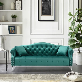 Зеленый Классический Бархатный диван Chesterfield Шириной 78,7 дюйма, Современный диван С мягкой обивкой на пуговицах, 2 Подушки в комплекте